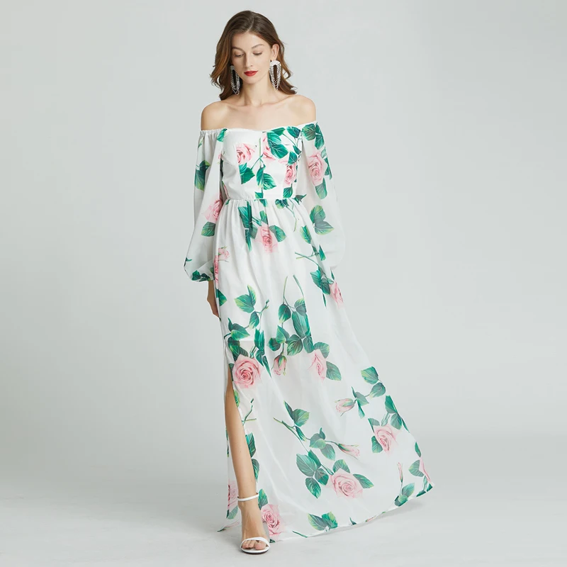

2021 Summer Fashion Runway Maxi Floor Dress Women's Vintage Rose Print Holiday Boho Long Dress Plus Size Elgant Party Vestidos