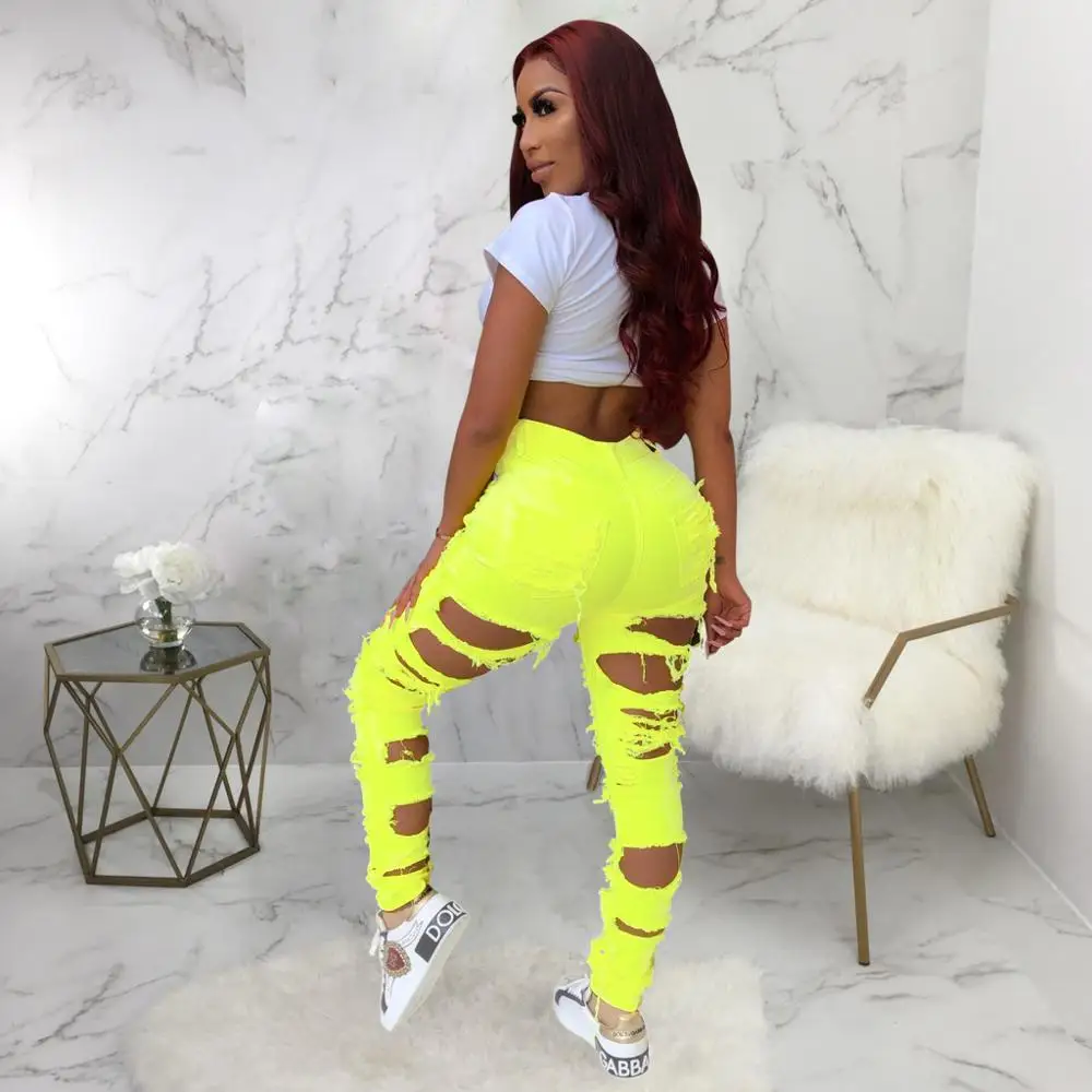 Wjustforu Colorful Fashion Hole Denim Jeans Female Sexy Bodycon Club Ripped Women Botton Casual Pencil Long Vestidos | Женская одежда