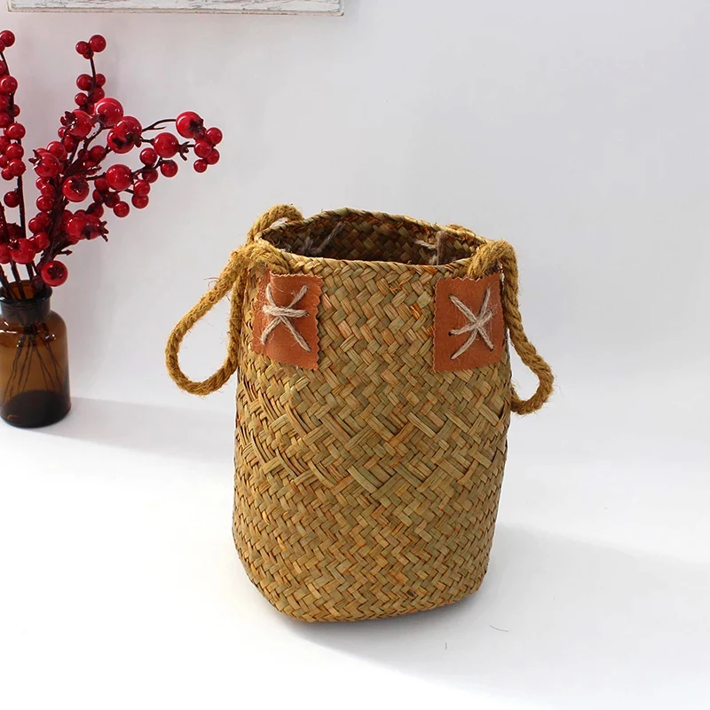 Eco Natural Straw Basket Hand-woven Collapsible Flower Basket Dried Flower Wicker Woven Basket Fruit Basket Nordic Style ds99
