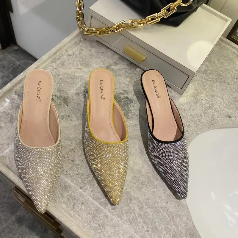 

NIUFUNI 2021 Pointed Small Colored Diamond Transparent Ladies Half Drag Sandals Shiny Low-Heeled Slippers Banquet Women's Shoes
