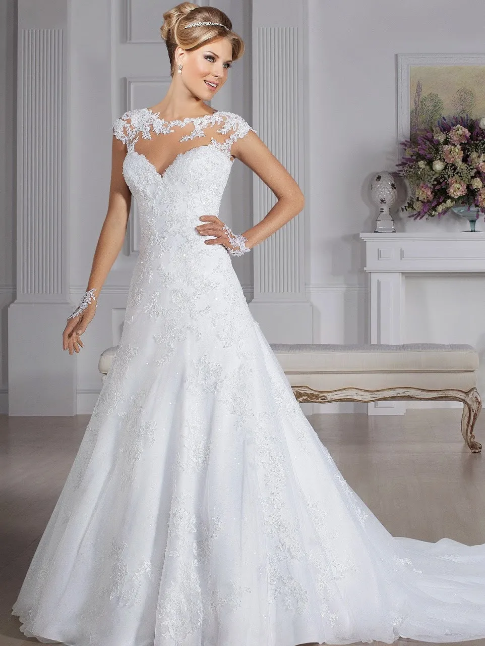

Short Sleeves Wedding Dress Mermaid Tail Long Lace Wedding Gown Vestido De Noiva 2015 A222
