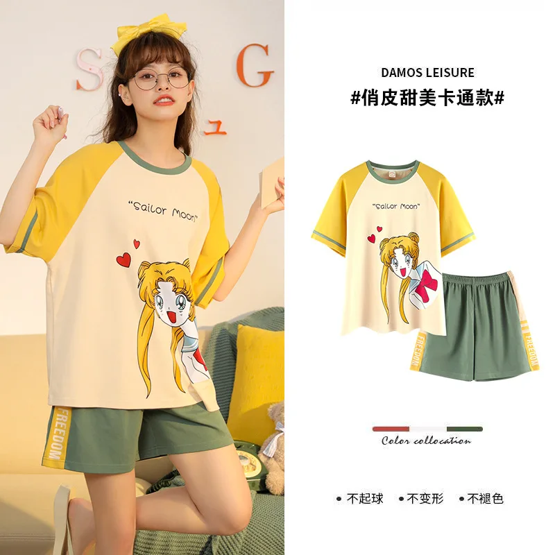 

Women's Summer Pajamas Set Cotton Short Sleeve Sweet Ladies Nightwear Korean Cute Cartoon Floral Print Comfort Women Sleepwear