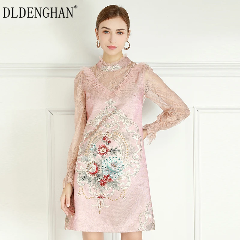 

DLDENGHAN Fashion Jacquard Spring Dress Women's Lace Long Sleeve Beading Ruffles Stand Collar Vintage Dresses Designer New