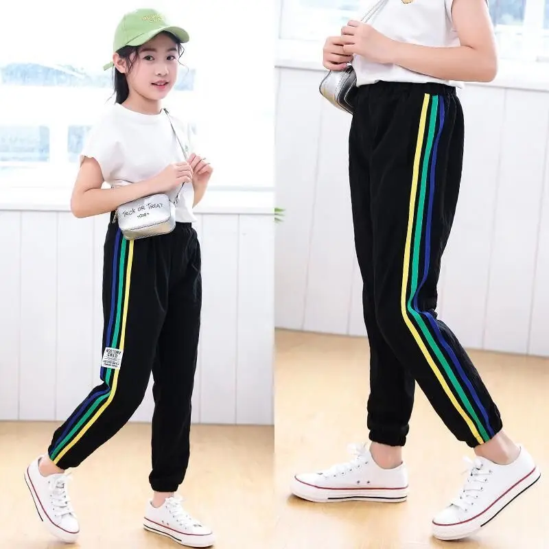 Брюки для девочек повседневные модные спортивные штаны брюки с полосками сбоку