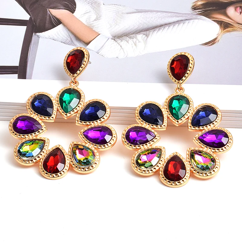 

New Fashion Flower-Shaped Colorful Rhinestone Dangle Drop Earrings High-Quality Clear Crystals Jewelry Accessories For Women