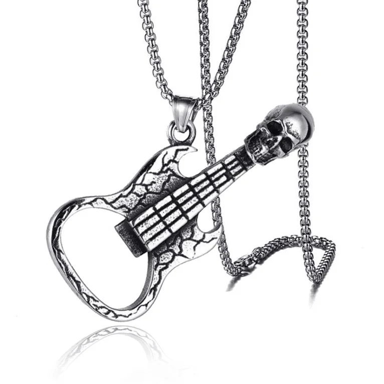 

Personality Retro Domineering Titanium Steel Alloy Skeleton Guitar Bottle Opener Pendant Necklace For Men