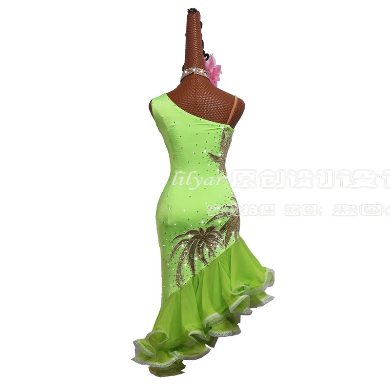 Latin Dance Dress Latin Skirt Competition Dress Costumes Performing Dresses Sparkly Rhinestones Customize Fluorescent Green Slim