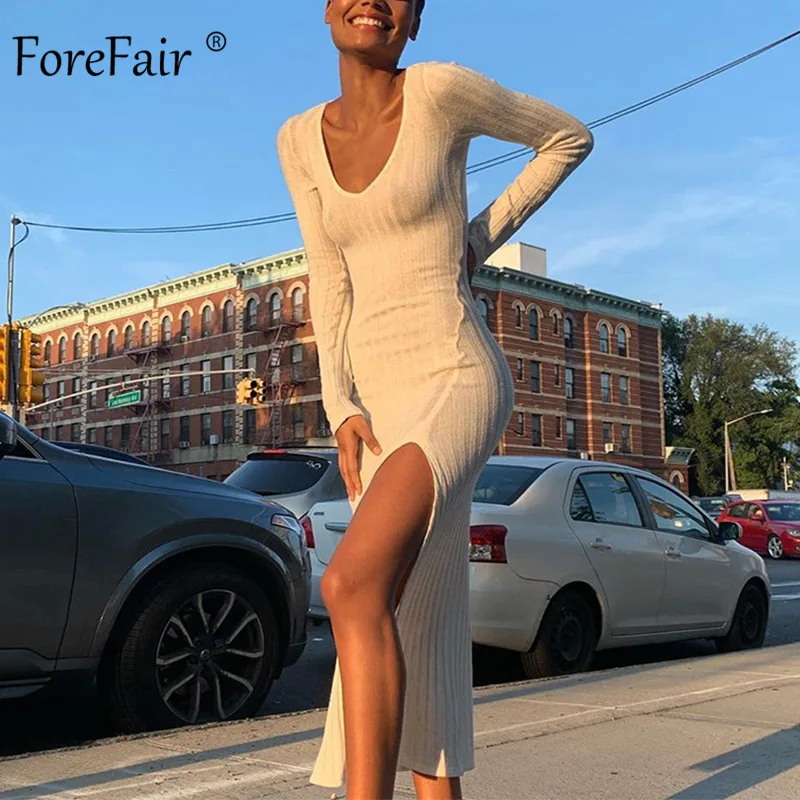 Женское платье макси с длинным рукавом Forefair длинное трикотажное в рубчик v