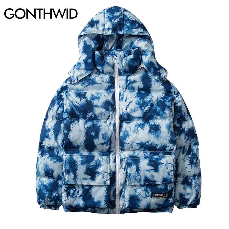GONTHWID Tie Dye/толстая теплая парка со съемным капюшоном, куртки, хип-хоп хлопчатобумажные пуховики в повседневном стиле, парки, зимние пальто, уличная верхняя одежда
