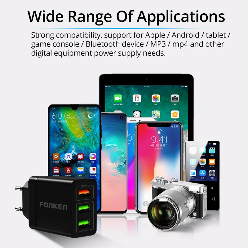 FONKEN USB Charger Quick Charge 3.0 Fast Charger 3 Port QC3.0 QC2.0 Charging for Phone Mobile Tablet Multi Wall Adapter