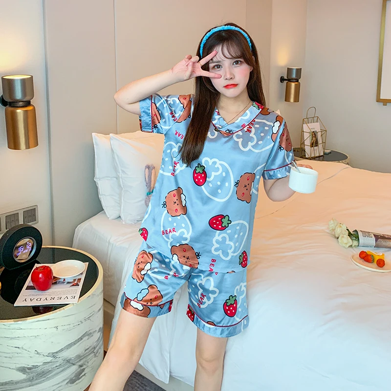 

V-Neck Rayon Pajamas Set For Women Short Sleeves Satin Chic Sleepwear Femme Classy Home Clothes Elegant Ladies Cartoon Pjs Suit