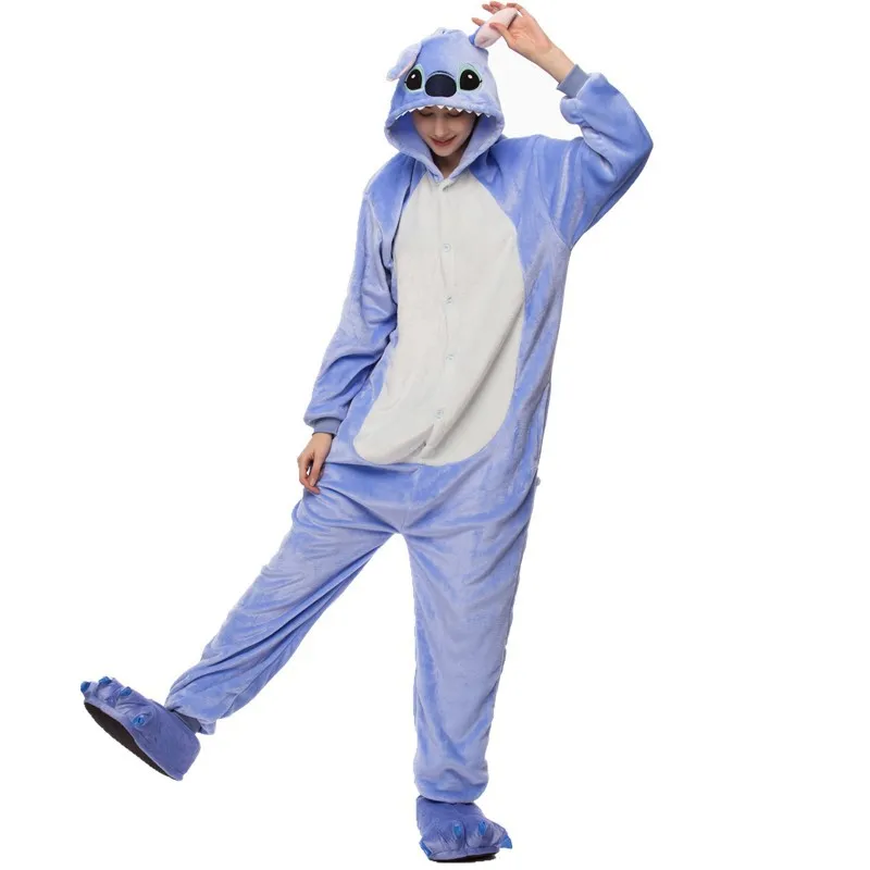 Blue Cartoon Animal One-Piece Pajamas For Adult Winter Flannel Women Home Hooded Onesies Cosplay Christmas Halloween Costume