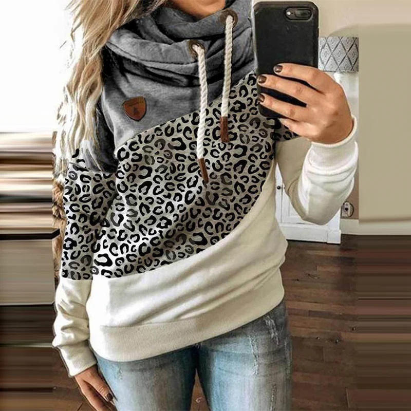 

Women Patchwork Hooded Sweatshirt Autumn Winter Leopard Print Harajuku Drawstring Hoodie Casual Long Sleeve Pullover Tops Female