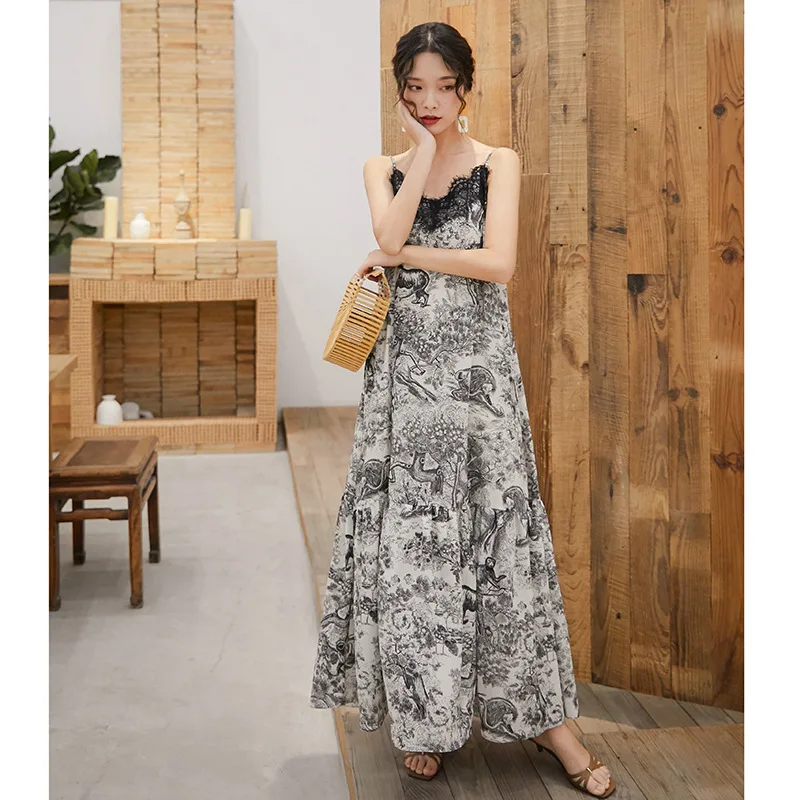 

New Lace Stitching Very Fairy French Minority Strap Dress Holiday Beach Dress Printing Sexy Dress Spaghetti Strap Sleeveless