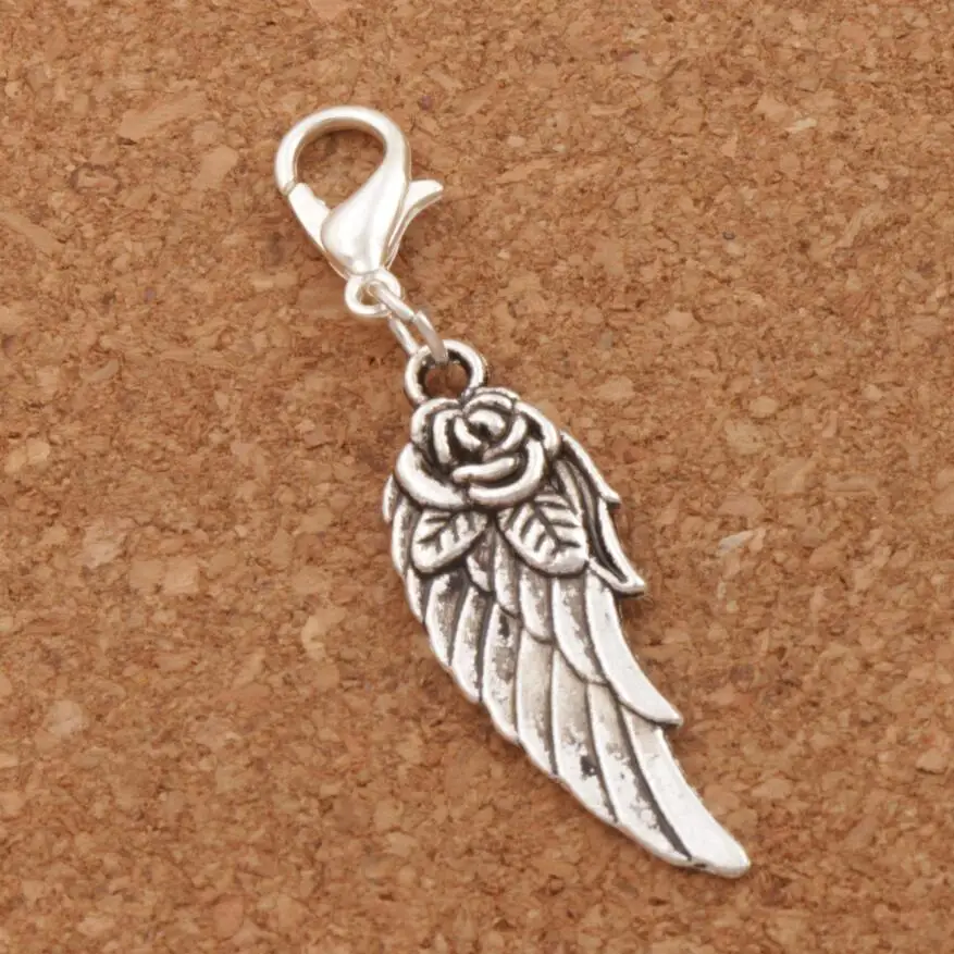 

Clip-on "Angel Wing w Rose" Lobster Claw Clasp Charm Beads 44.6x10.9mm 100pcs Zinc Alloy Jewelry DIY C1625