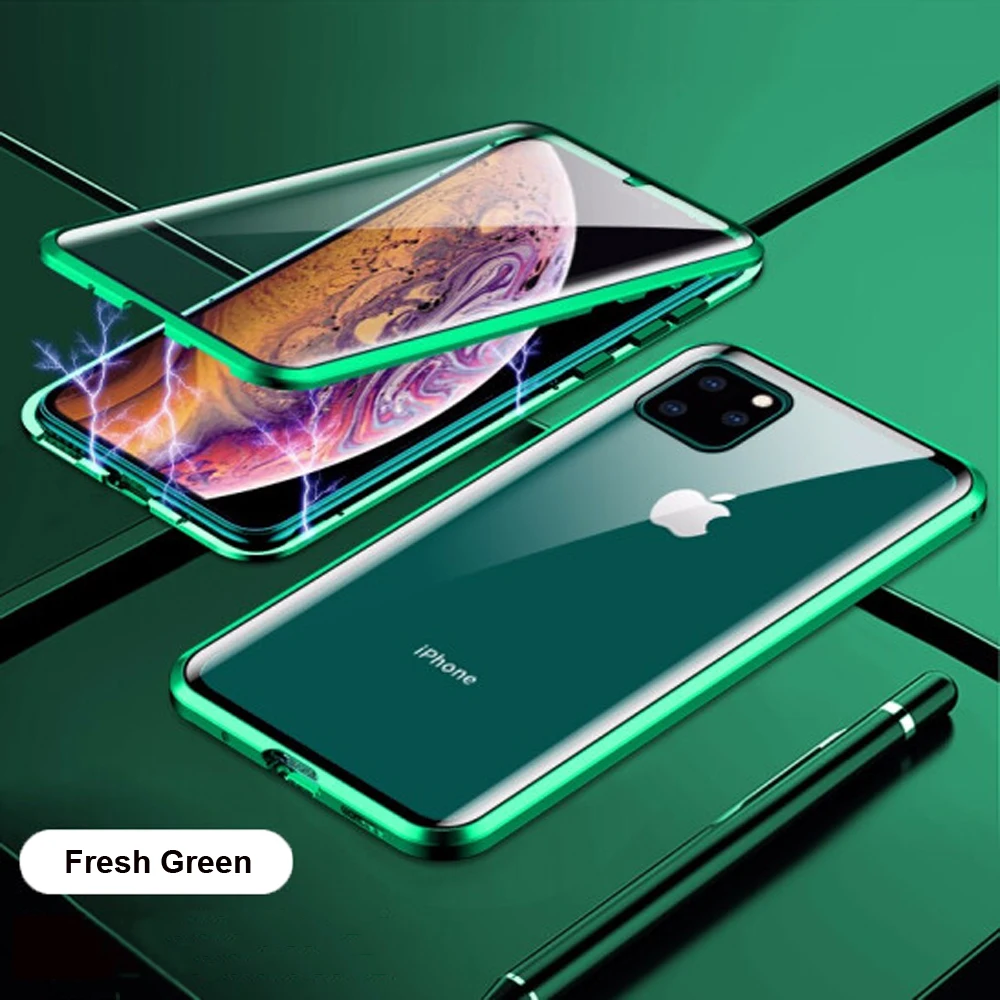 Fresh Green 360 ° полный корпус прозрачный Передний+ задний Чехол из закаленного стекла для iPhone 11 Pro Max XR XS 8 Plus чехол на магните для телефона для iPhone 11 - Цвет: Fresh Green