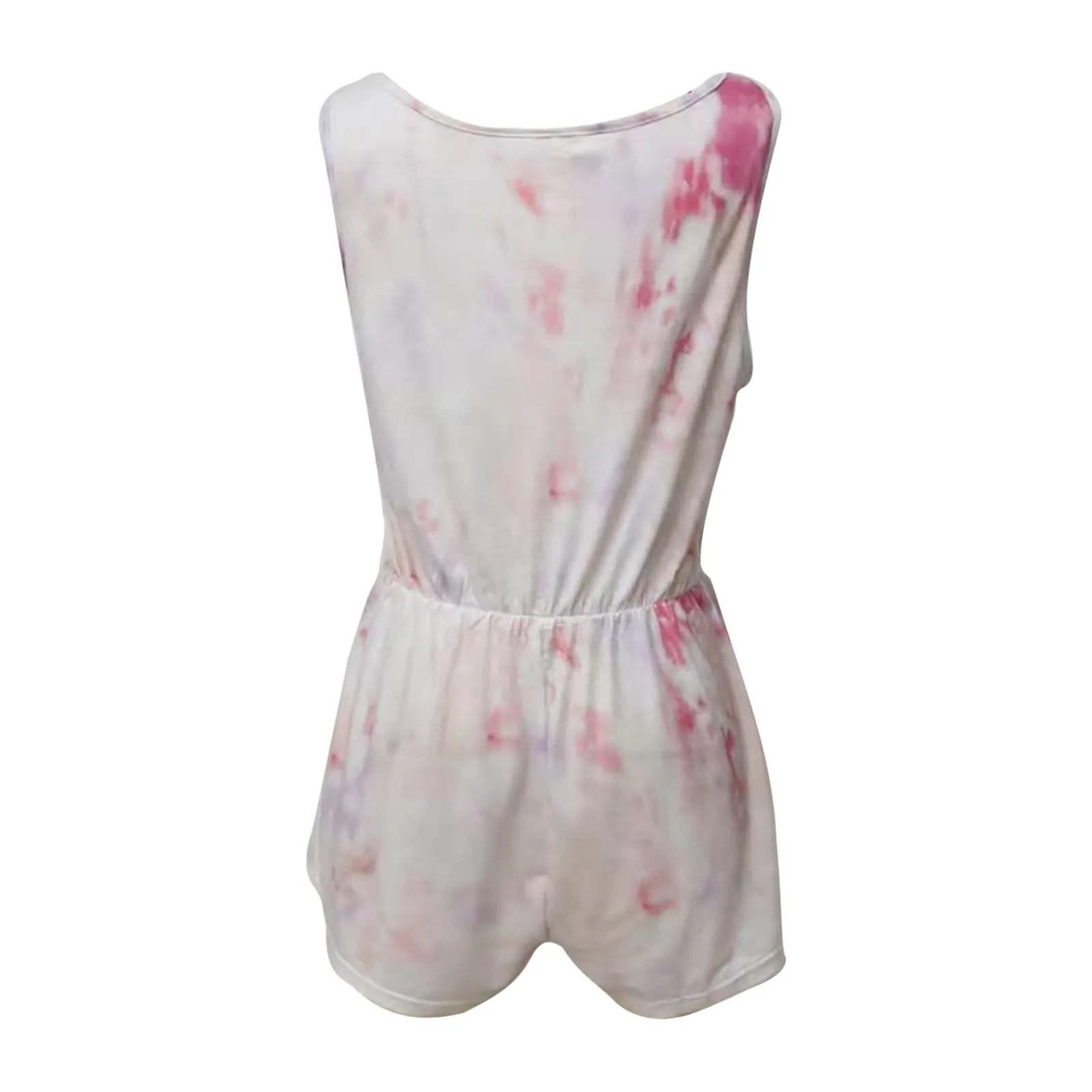 

Women's Sleeveless Shorts Tie-Dye Summer O- Neck Elastic Waist Pockets Jumpsuit Female Holiday Beach Playsuit Casual Home Wear