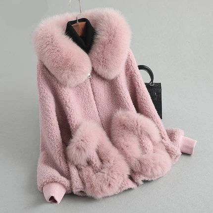 Pink Натуральное меховое пальто женский воротник из лисьего меха шерстяное пальто новая осенне-зимняя утепленная куртка женская верхняя одежда плюс размер одежда - Цвет: Pink