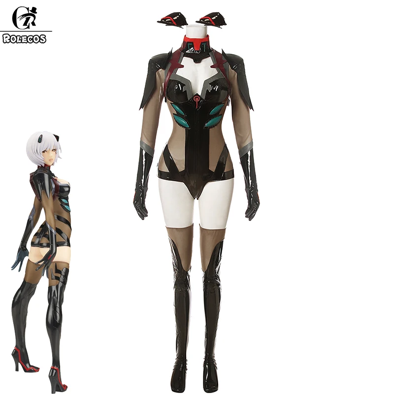 

ROLECOS Rei Ayanami Cosplay Anime EVA Cosplay Costumes Ayanami Rei Cosplay Black Bodysuit Sexy Jumpsuit Costume Full Set