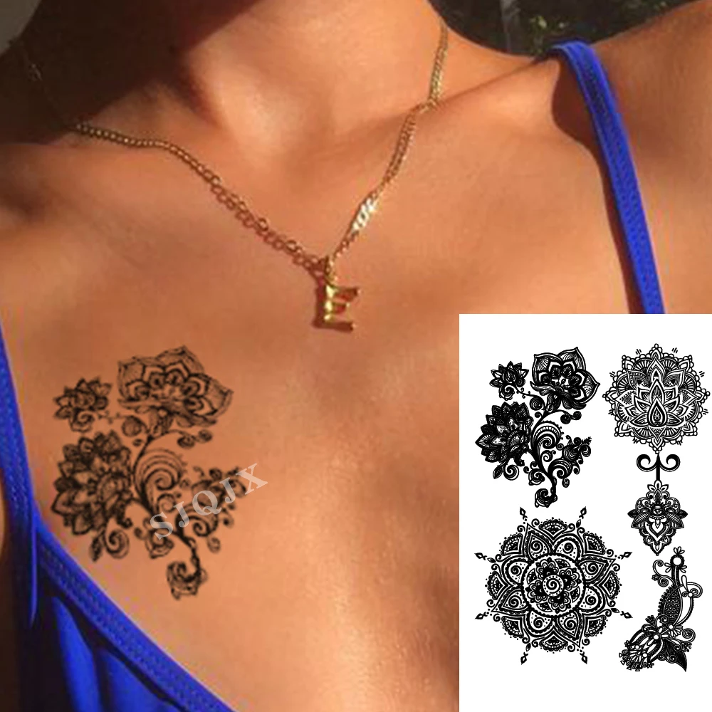 Женские сексуальные Цветочные Временные татуировки из хны наклейки цветок кулон