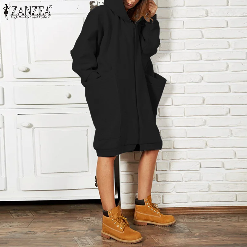 ZANZEA размера плюс 5XL Женская Толстовка повседневные толстовки зимние женские пальто с длинными рукавами толстовки с большими карманами верхняя одежда на молнии