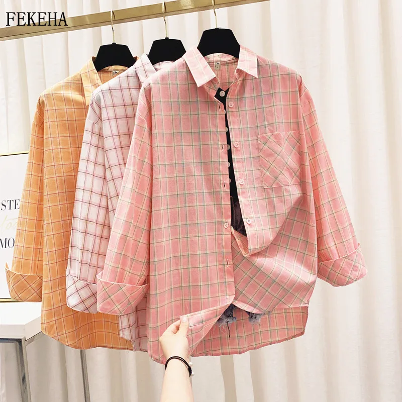 

Plaid Shirts Womens Blouses And Tops Summer Autumn 100% Cotton Long Sleeve Thin Checked Sunscreen Clothes Loose Outwear