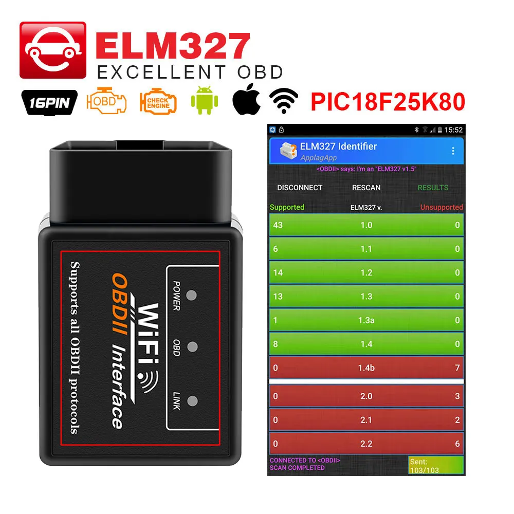 

ELM327 V1.5 with PIC18F25K80 chip obd code reader ELM 327 wifi OBD2 Diagnostic Tool For Android/IOS/PC OBDII Auto Scanner