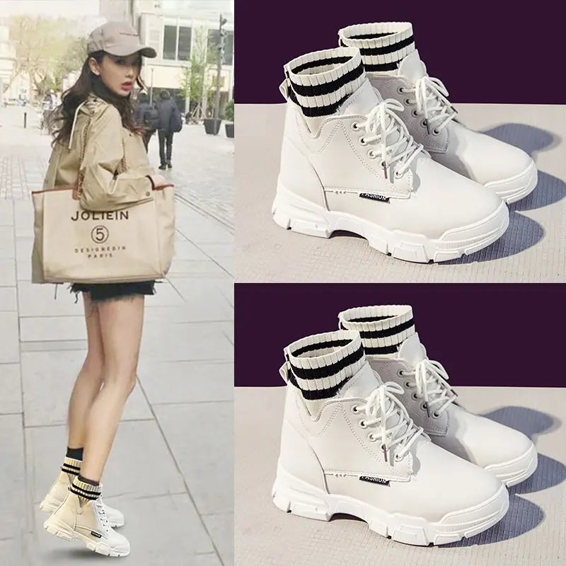 2019 ladies board shoes Martin boots women's autumn and winter plus velvet wild British style | Спорт и развлечения