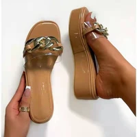 summer 2021 new women flip flop gold chain link slide slip on flat sandal shoe slipper black
