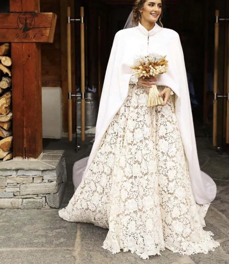 

Elegant Robe De Mariee Illusion O Neck Long Sleeve Lace Ball Gown Wedding Dresses with Cape
