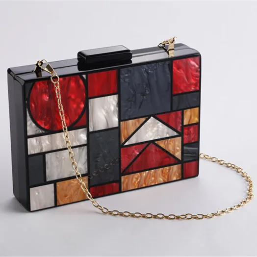 Red Metal Chain Новая коробка акриловая Лоскутная сумка геометрический узор женские сумки через плечо вечерние клатчи - Цвет: Red Metal Chain