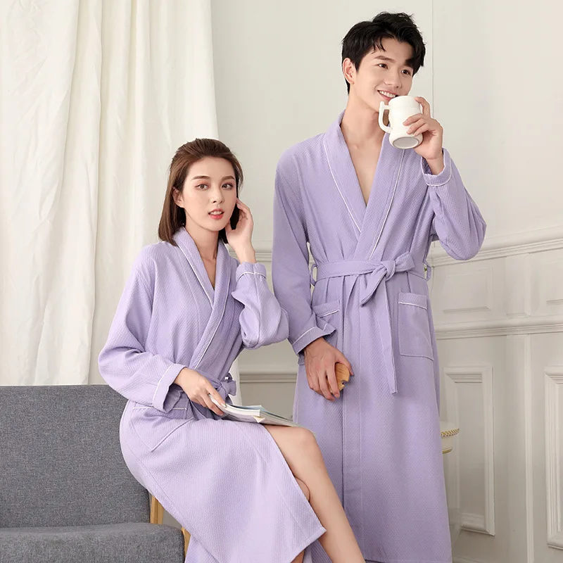 100% Cotton robe waffle long size bathrobes cotton layer warm couple nightgown water absorbent bathrobe