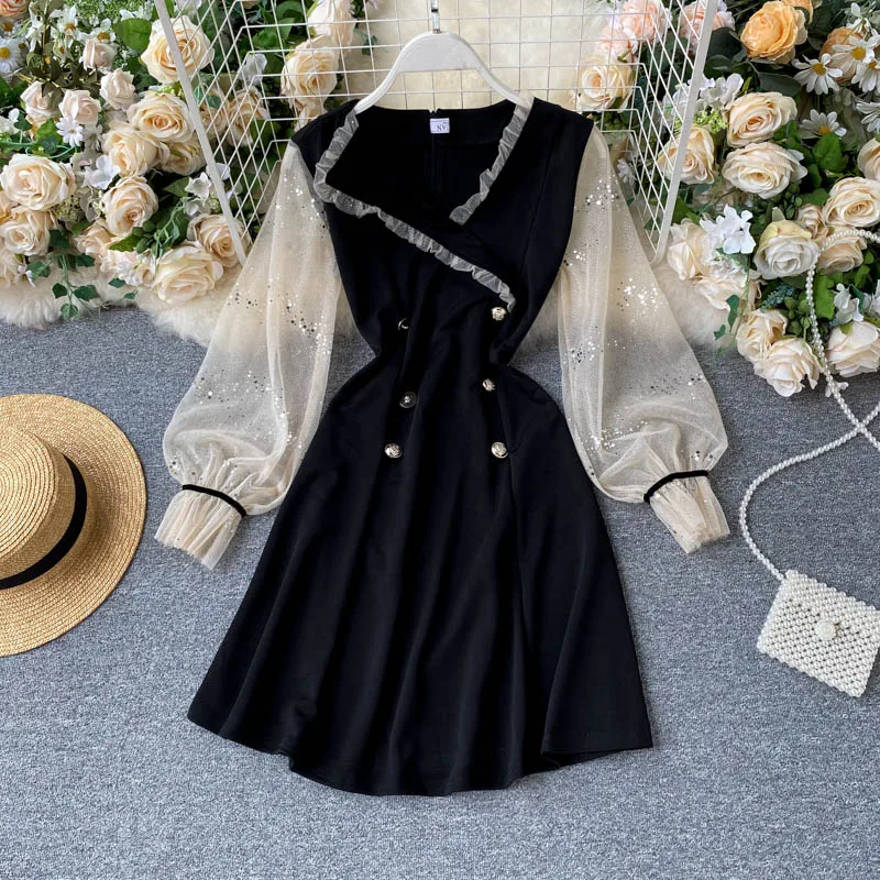 Женское платье с длинным рукавом двубортное в Корейском стиле модель 2021 на осень