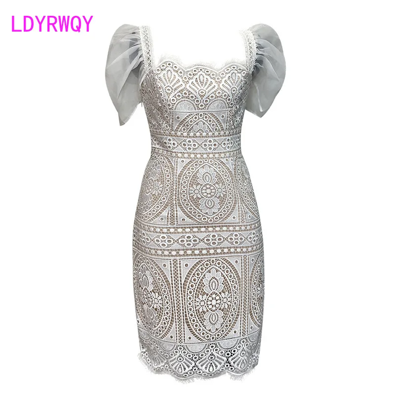 

LDYRWQY 2021 summer new design sense French ladies temperament square collar lace dress