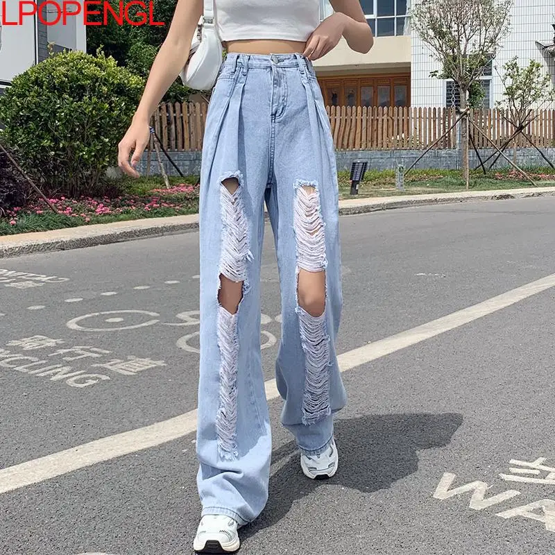 

Summer Women's Retro Beggar Ripped Jeans 2021 New Casual Fashion Harajuku Trousers Straight High Waist Cotton Stretch Fabric