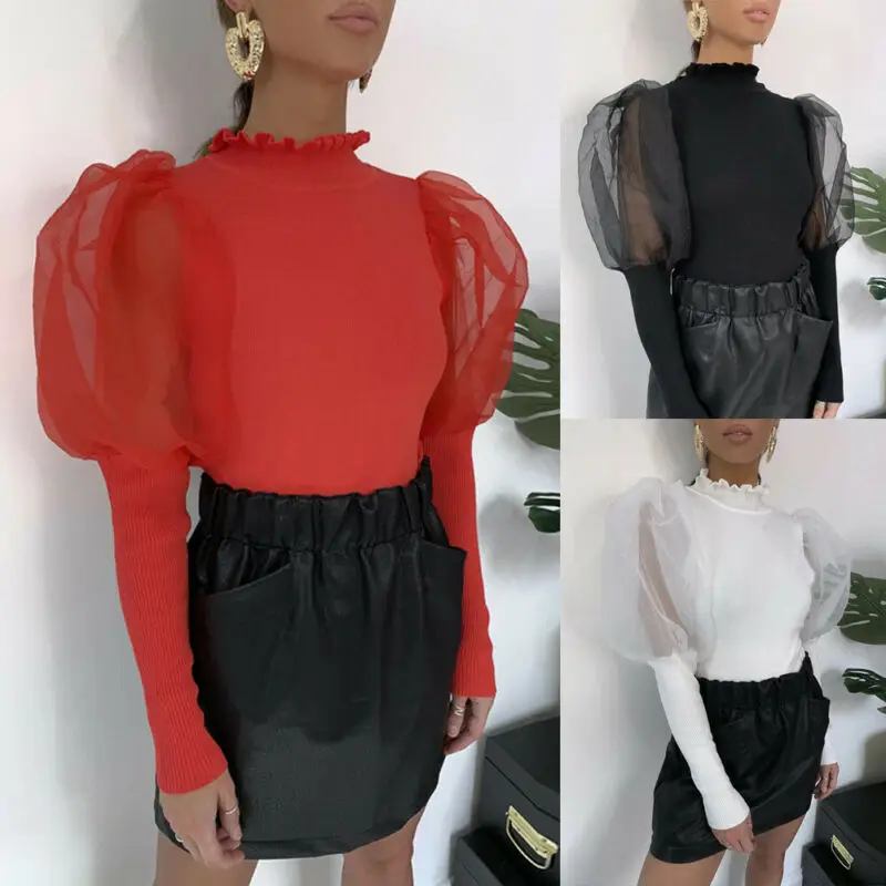 Sexy Women See Through Sheer Mesh Long Puff Sleeve Patchwork Sweater Ladies Fashion Transparent Turtleneck Knitted Tops | Женская одежда
