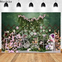 mocsicka spring photography background flowers green leaves bicycle decoration studio props child portrait photo backdrop banner