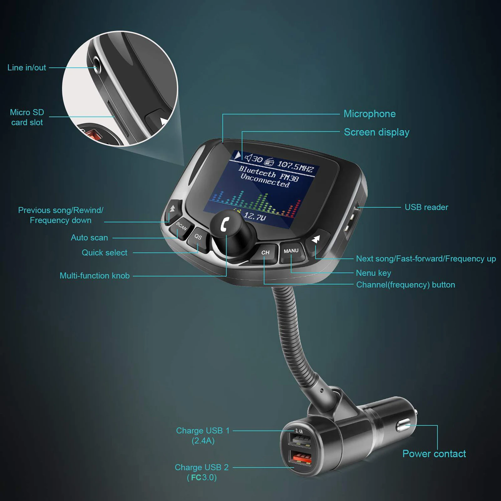 Автомобильный MP3 плеер Bluetooth 5 EQ режимы воспроизведения модулятор передатчика