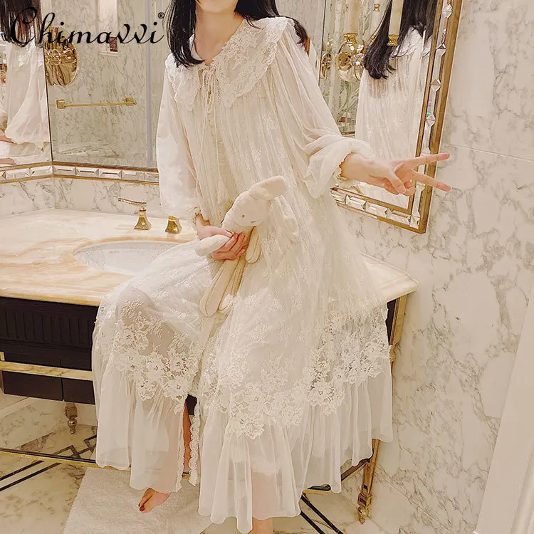 Robe Lace Nightgown Sets Dressing Gown Women's Two Piece Sleepwear Set Bridesmaid Pajamas Long Night Robes