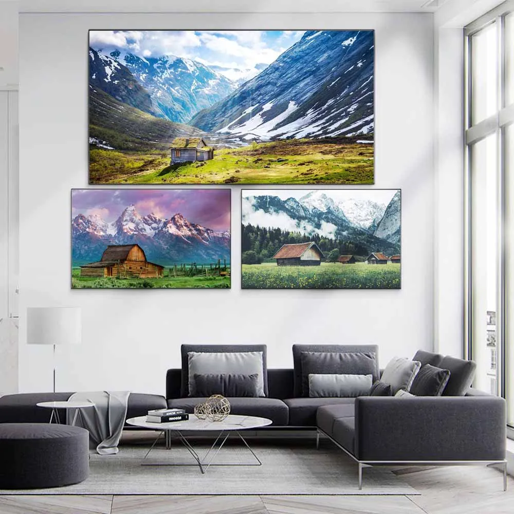 

Landscape oil painting alpine grassland wooden house art canvas painting living room corridor office home decoration mural