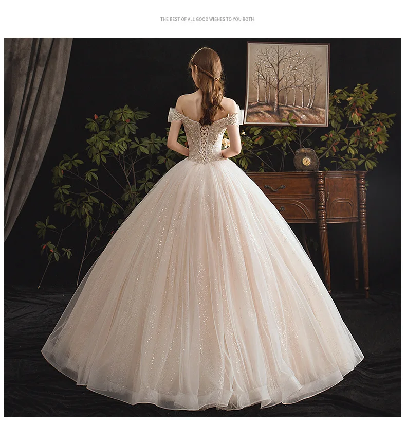 

Main Wedding Dress 2020 New Bride Mori Super Fairy Fantasy Hepburn Star Sky Off The Shoulder Luxury Bling Tail Wedding Dress