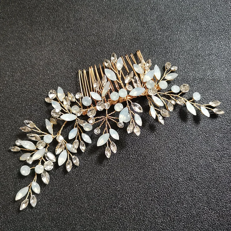 

SLBRIDAL Handmade Golden Wired Opal Rhinestones Crystal Bridal Hair Comb Wedding Headdress Hair Accessories Women Jewelry