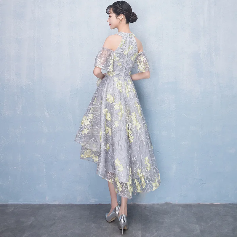 Женское короткое платье с лямкой на шее серое Сетчатое коротким рукавом и