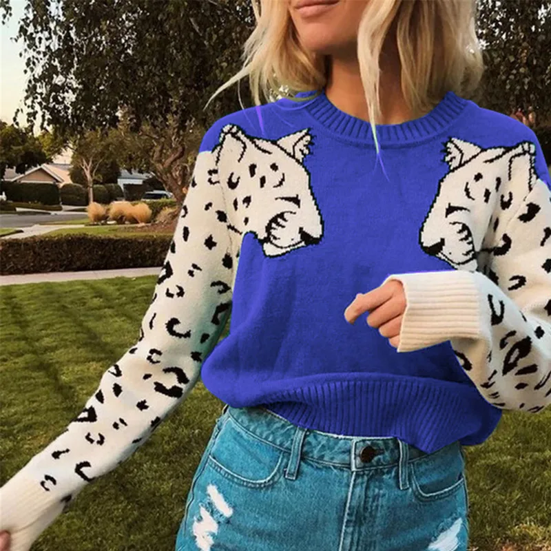 

Winter Warm Womens Sweaters Loose Knitted Long Sleeve Sweater Tops Creative Leopard Ladies Casual Printed Loose Jumper Pullover