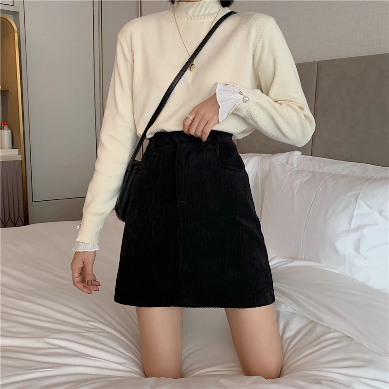 2019 корейская женская зимняя Вельветовая короткая юбка с высокой талией