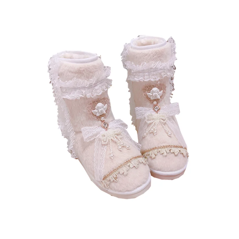 

Plush thickened middle tube snow boots round head warm tassels sweet retro angel female boots 2021 winter loli