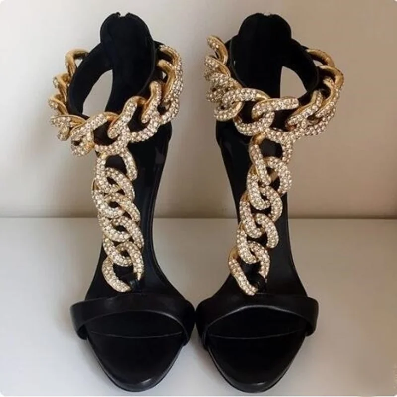 

Sexy T-Strap Chain High Heel Sandals Gold Metal Studded Gladiator Heels Sandals Women Peep Toe Cut-out Shoes Black Plus Size 10