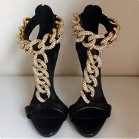 sexy t strap chain high heel sandals gold metal studded gladiator heels sandals women peep toe cut out shoes black plus size 10