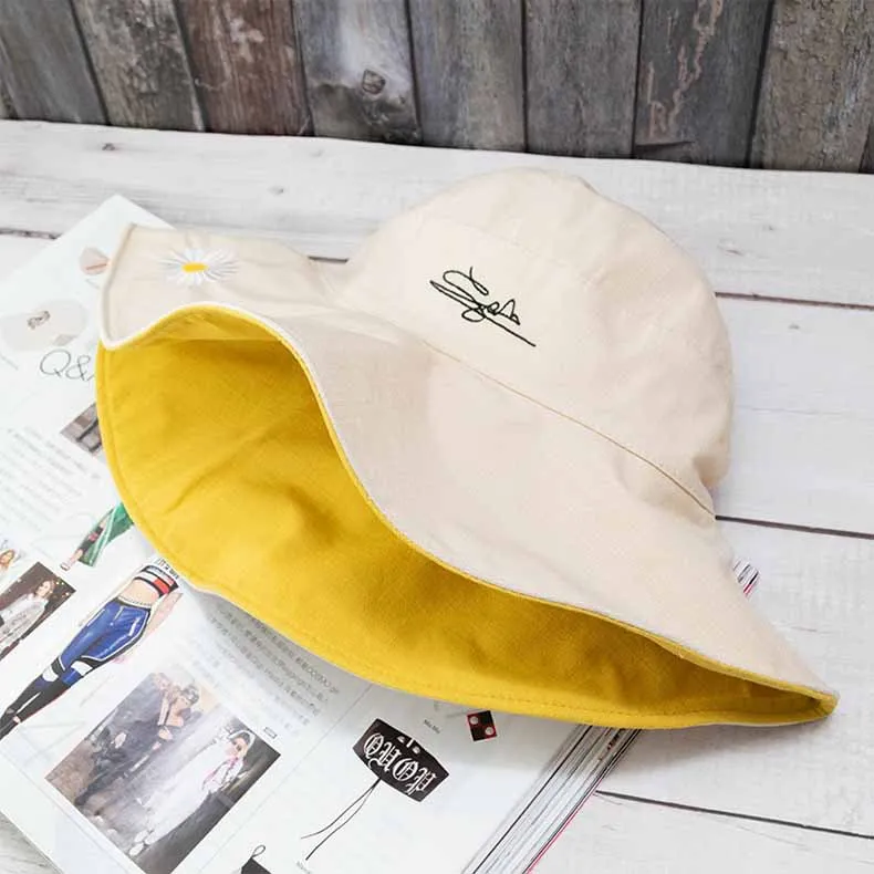 Spring Summer Autumn Sun Hat Polyester Bucket Hat Women Panama Double-sided Chrysanthemum Embroidered Hat Daisy Fisherman Hat