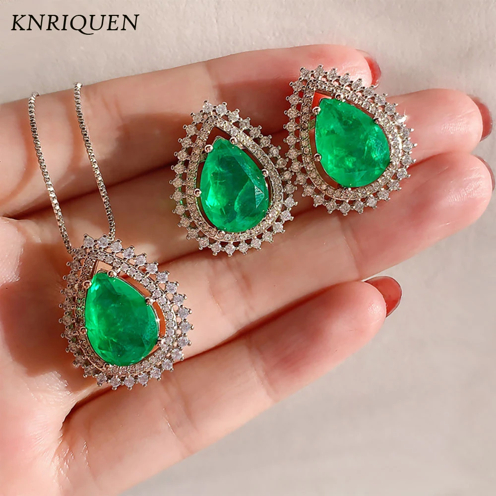 

Luxury 925 Sterling Silver Wedding Jewelry Sets for Women 10*14mm Created Emerald Lab Diamonds Stud Earrings Pendant Necklace
